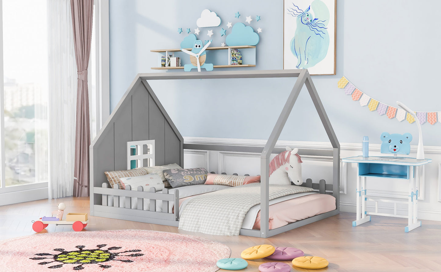 Full Size Wood House Bed with Window and Fence  Gray - Korvel