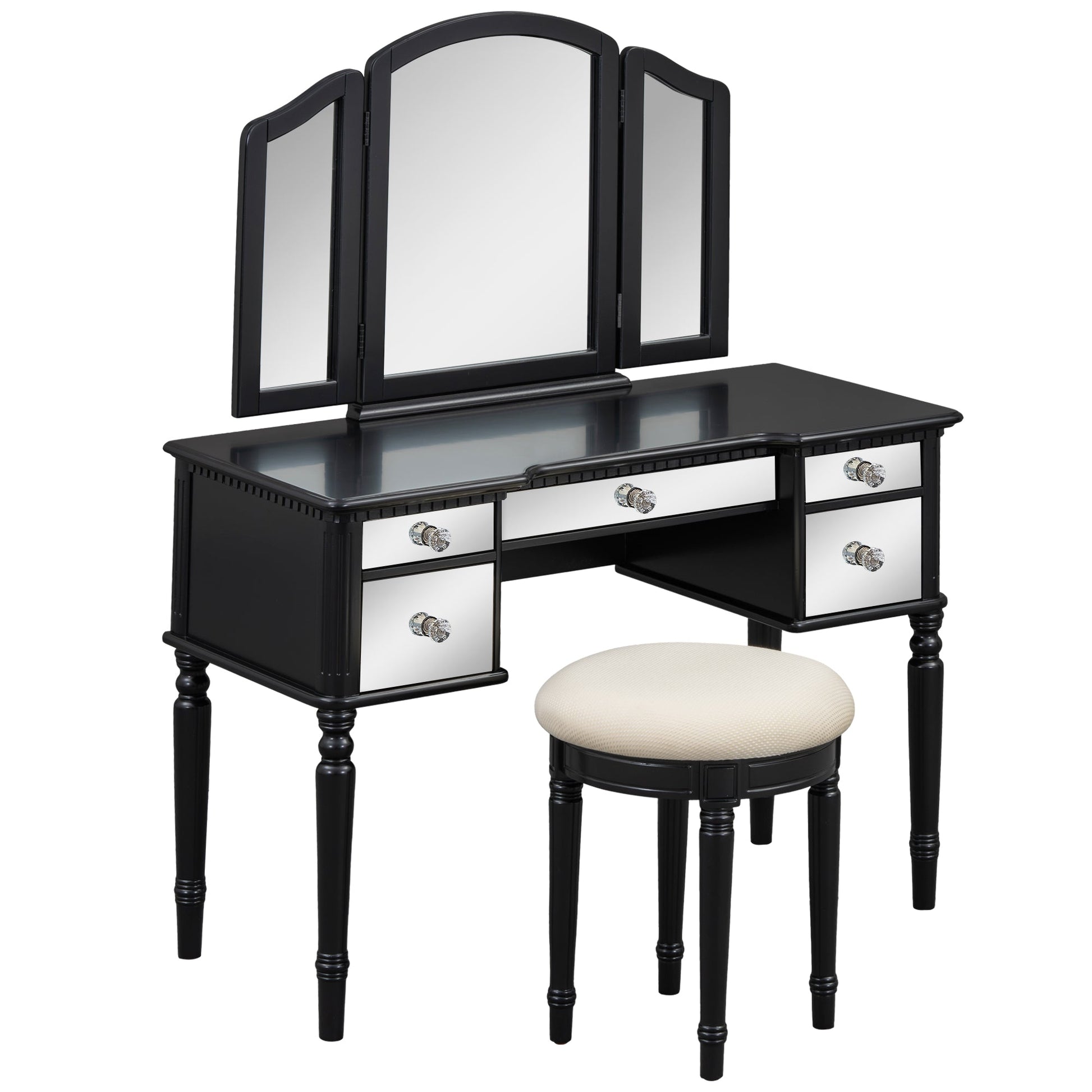 GO 43" Dressing Table Set with Mirrored Drawers and Stool, Tri-fold Mirror, Makeup Vanity Set for Bedroom, Black - Korvel