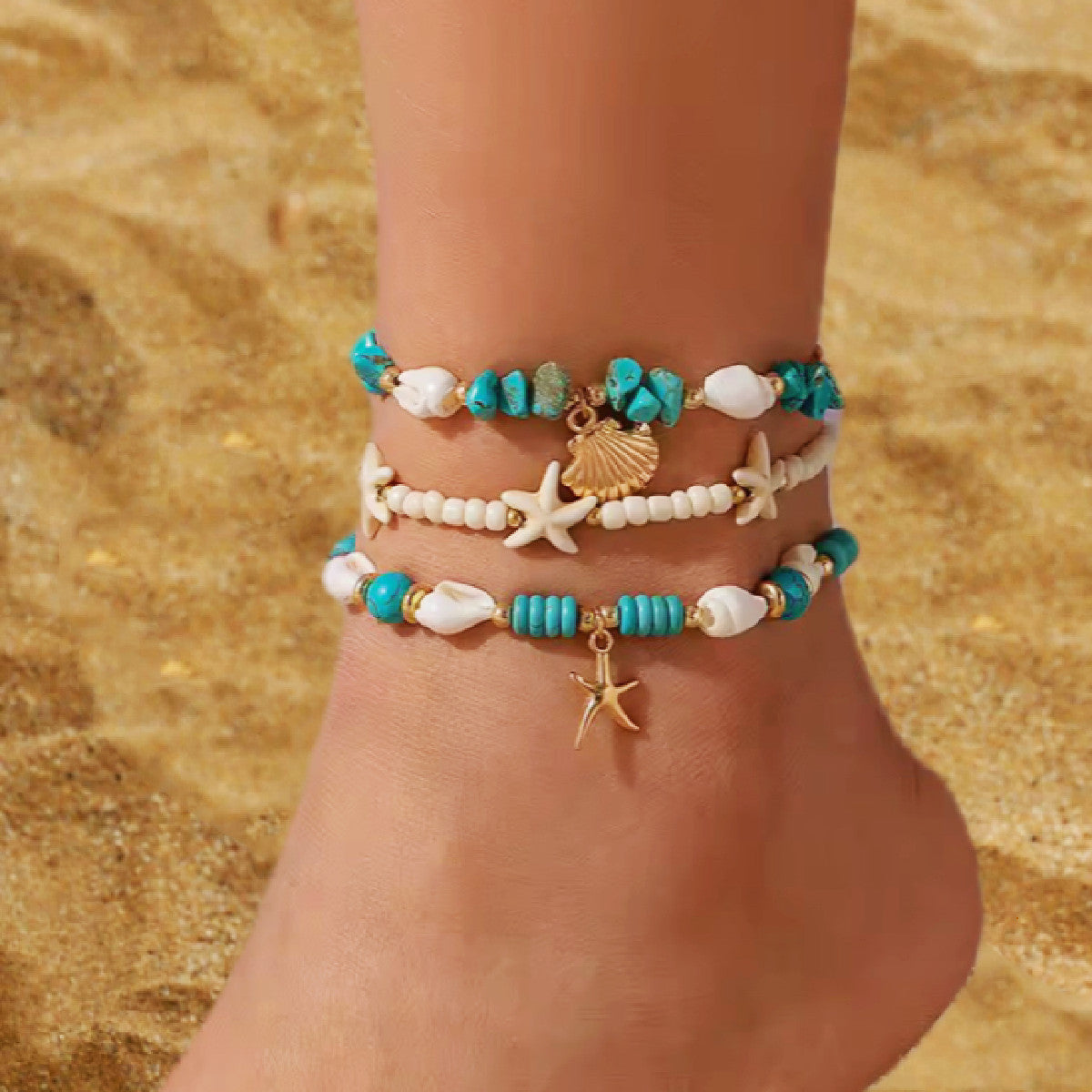Vacation beach style turquoise set with special dense chain, simple starfish multi-layer rice bead ankle chain - Korvel