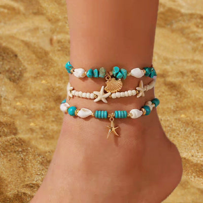 Vacation beach style turquoise set with special dense chain, simple starfish multi-layer rice bead ankle chain - Korvel