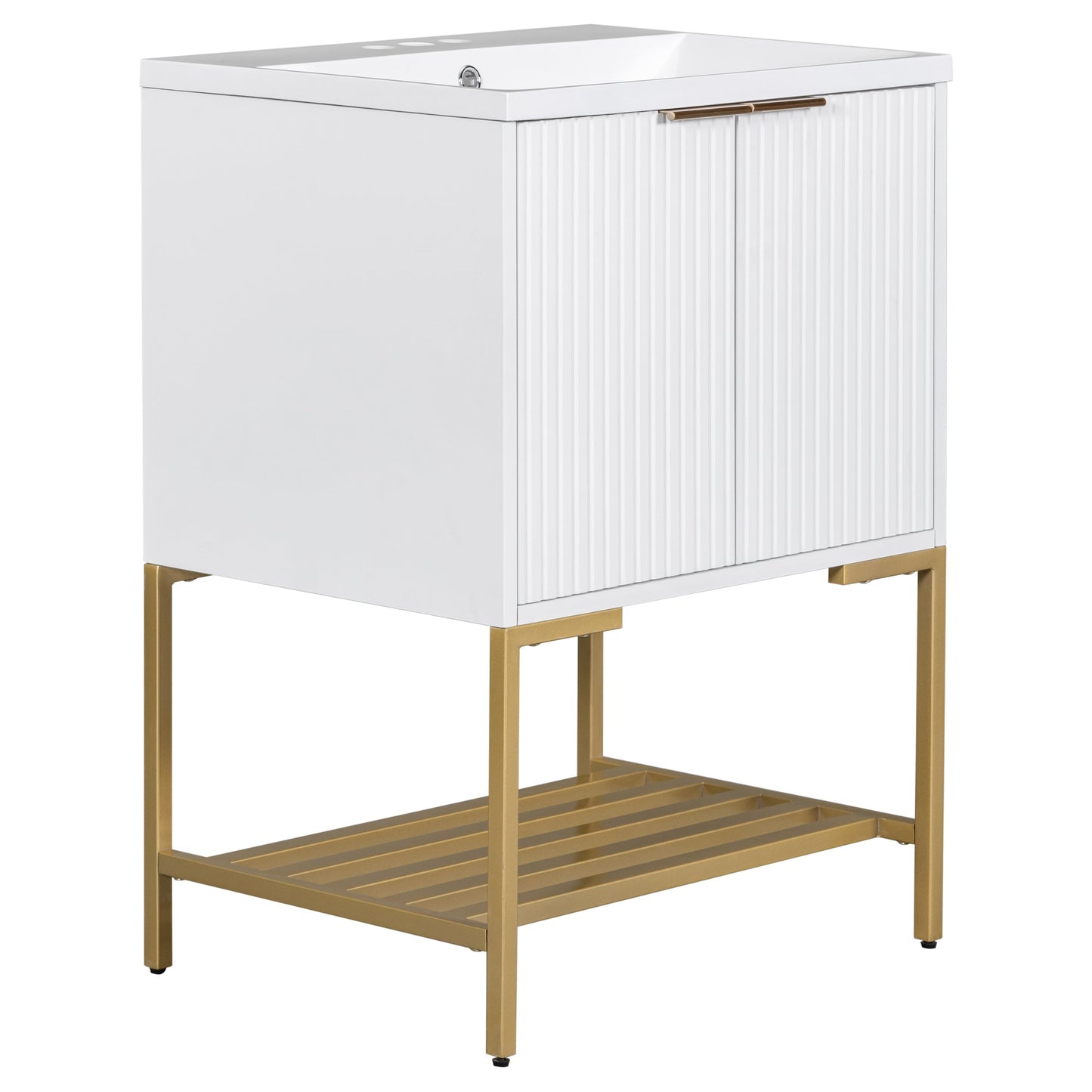 24" Bathroom Vanity with Sink, Bathroom Vanity Cabinet with Two Doors and Gold Metal Frame, Open Storage Shelf, White - Korvel