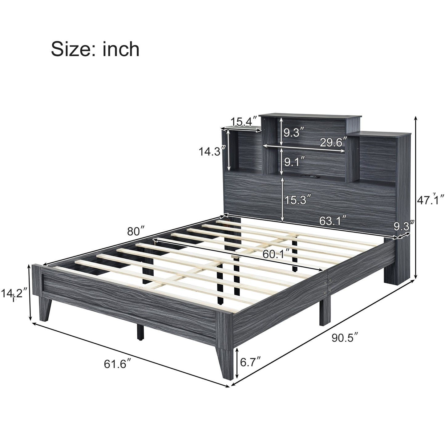 Queen Size Storage Platform Bed Frame with USB Charging - Gray