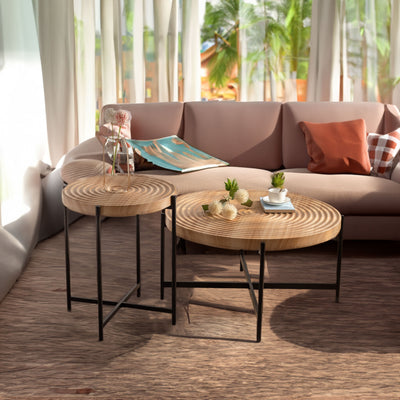 Modern Thread Design Round Coffee Table MDF Table Top with Cross Legs Metal Base(Set of 2 pcs ) - Korvel