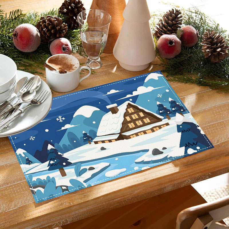 Christmas placemat white hemp Christmas scenery print home table mat living room dining table coaster - Korvel