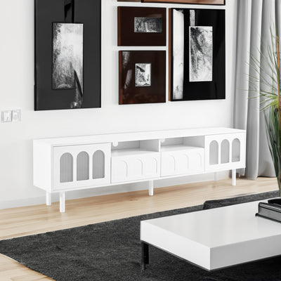 ON-TRANS cream colored TV stand with LED light strip, suitable for 80 inch TV storage console with tempered glass door, white - Korvel