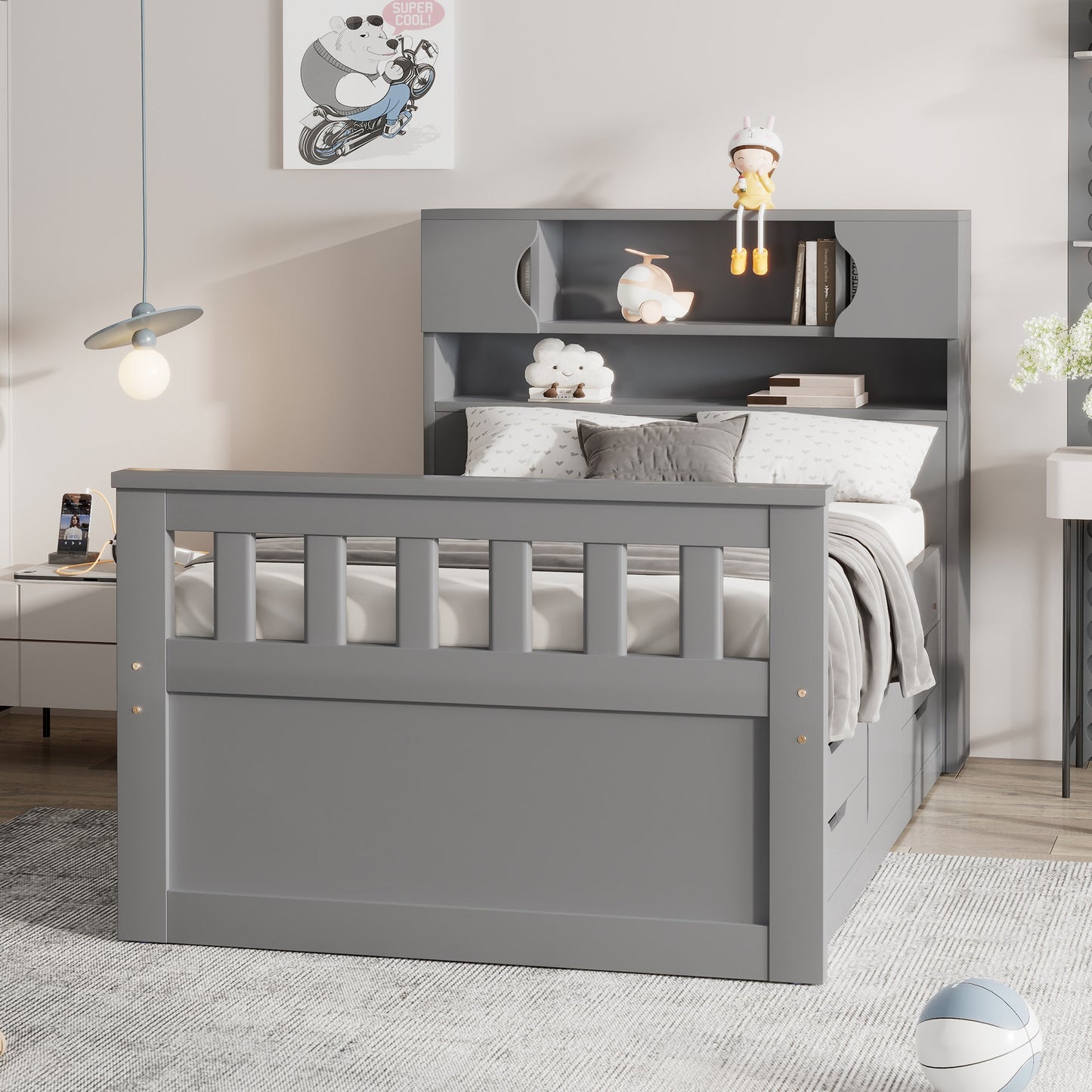 Twin Size Captain Platform Bed Frame with Storage in Gray