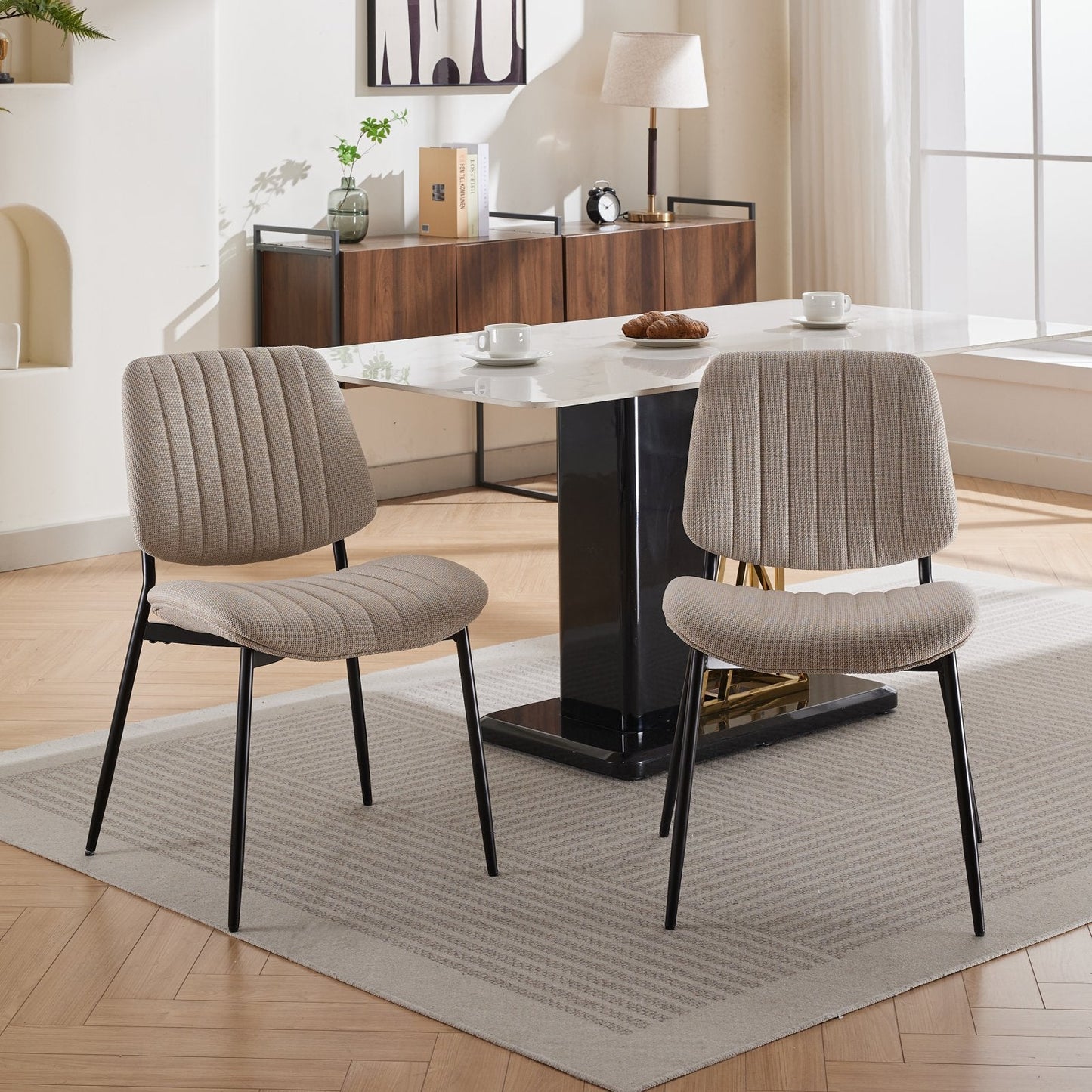 2-piece retro linen chair set with curved wooden backrest, cushioned seat, adjustable metal legs, (Beige Linen) - Korvel
