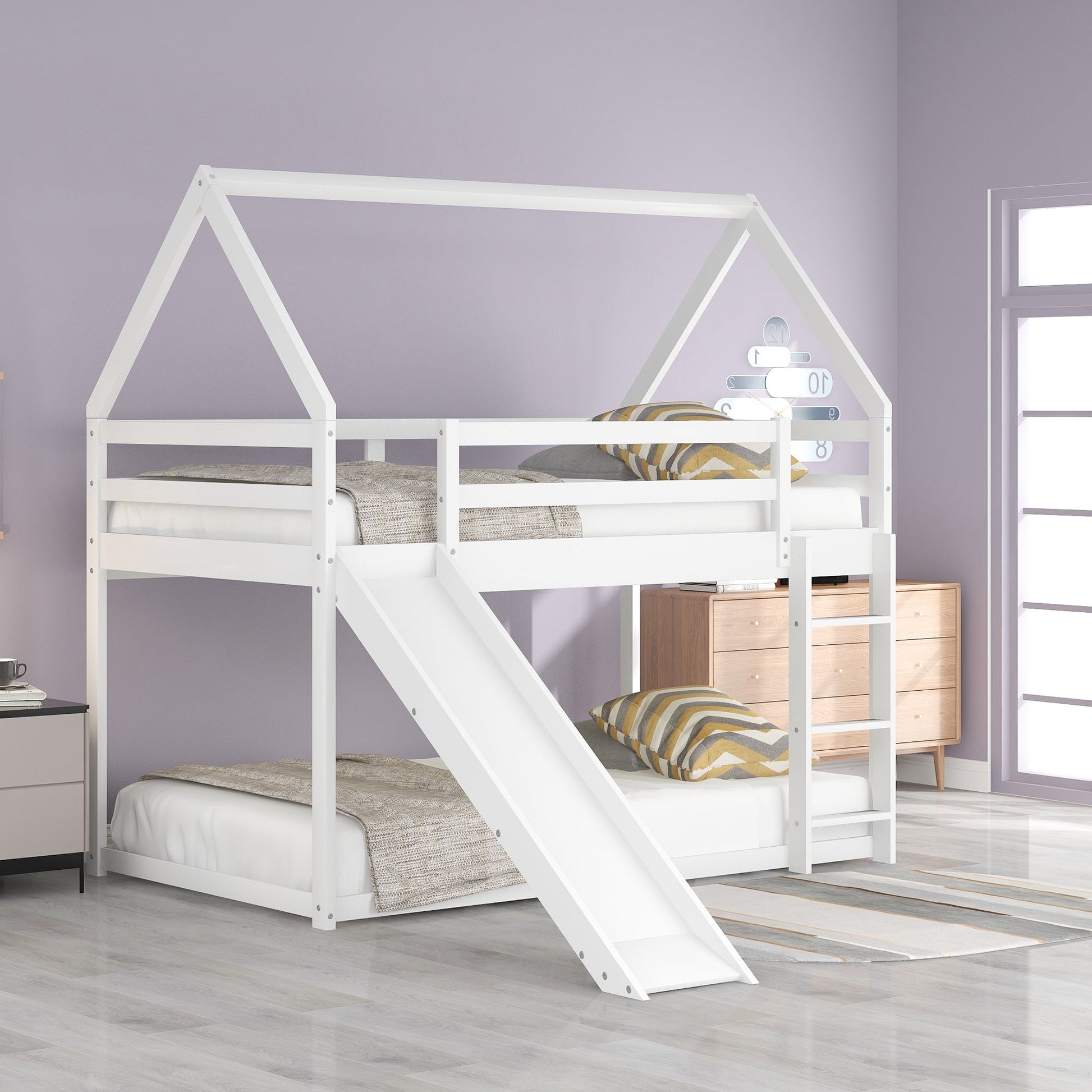 Twin Size Bunk House Bed with Slide and Ladder White - Korvel