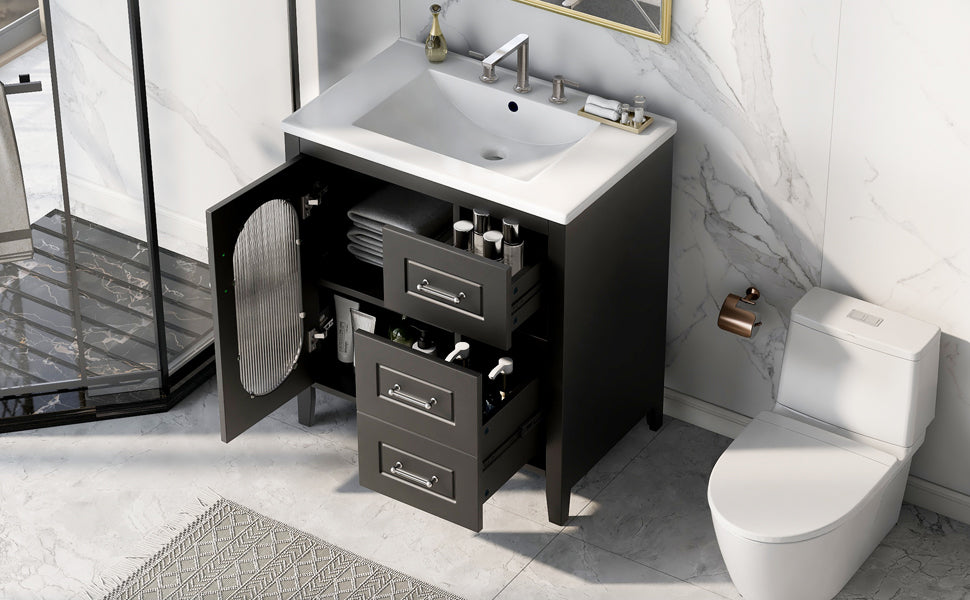 30" Bathroom Vanity with Sink, Bathroom Vanity Cabinet with Two Drawers and Door, Adjustable Shelf, Solid Wood and MDF, Black - Korvel