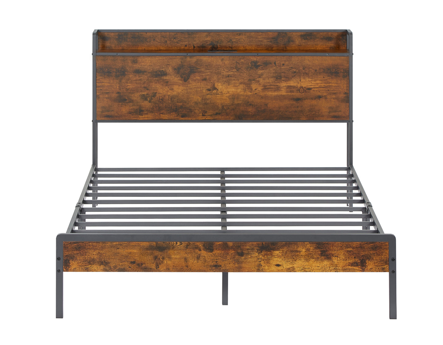 Bed frame with charging station full size, Rustic Brown, 83.1'' L x 56.1'' W x 39'' H - Korvel