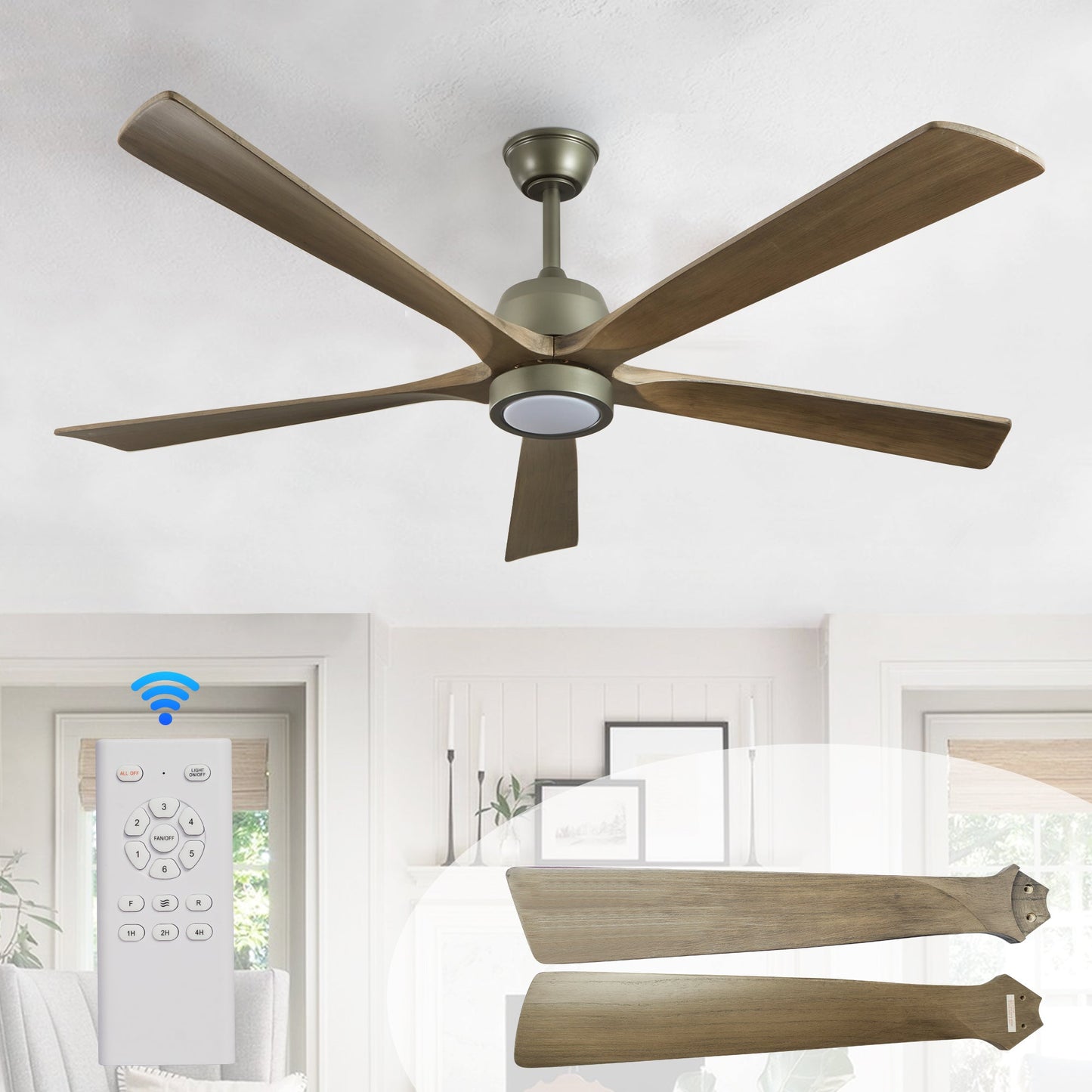 60 "modern wooden ceiling fan with lighting and remote control, 6-speed noiseless reversible DC motor ceiling fan - Korvel
