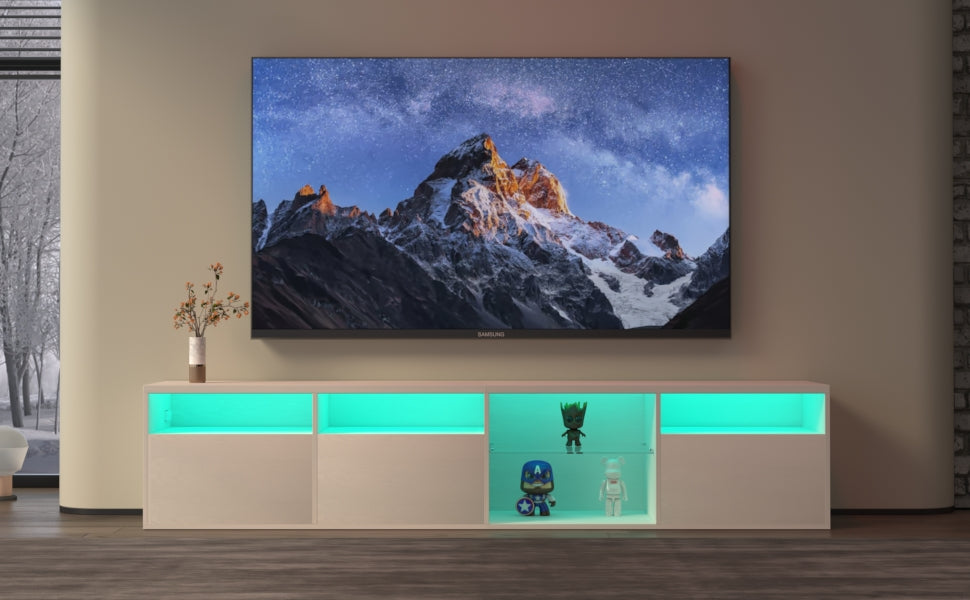 TV console with storage cabinet, 82.6-inch long LED TV stand with 31 mode switching lights (white, suitable for 75/80 inch TVs) - Korvel