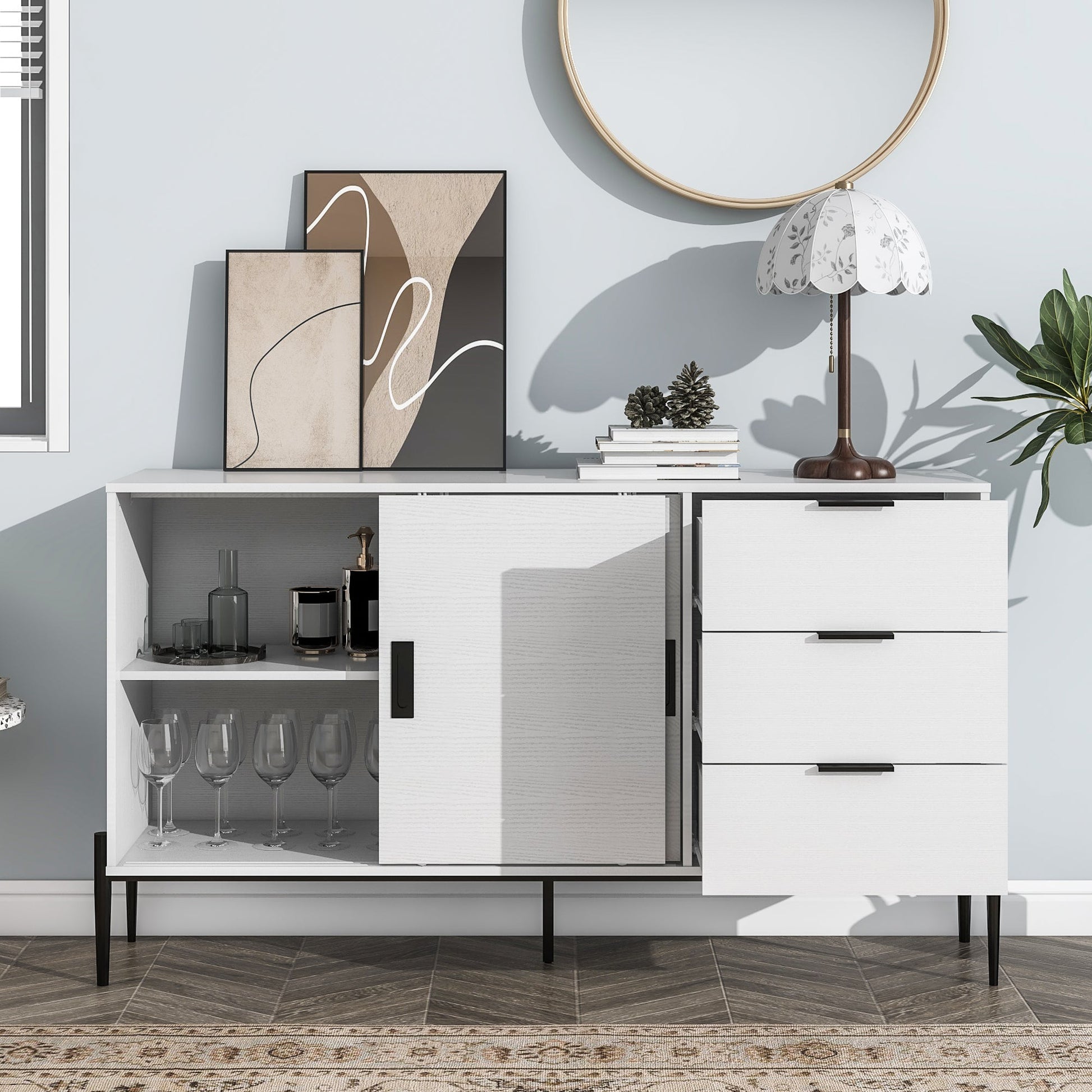 Modern characteristic storage cabinet side panel with glass sliding door and 3 drawers, dining table cabinet in white color - Korvel