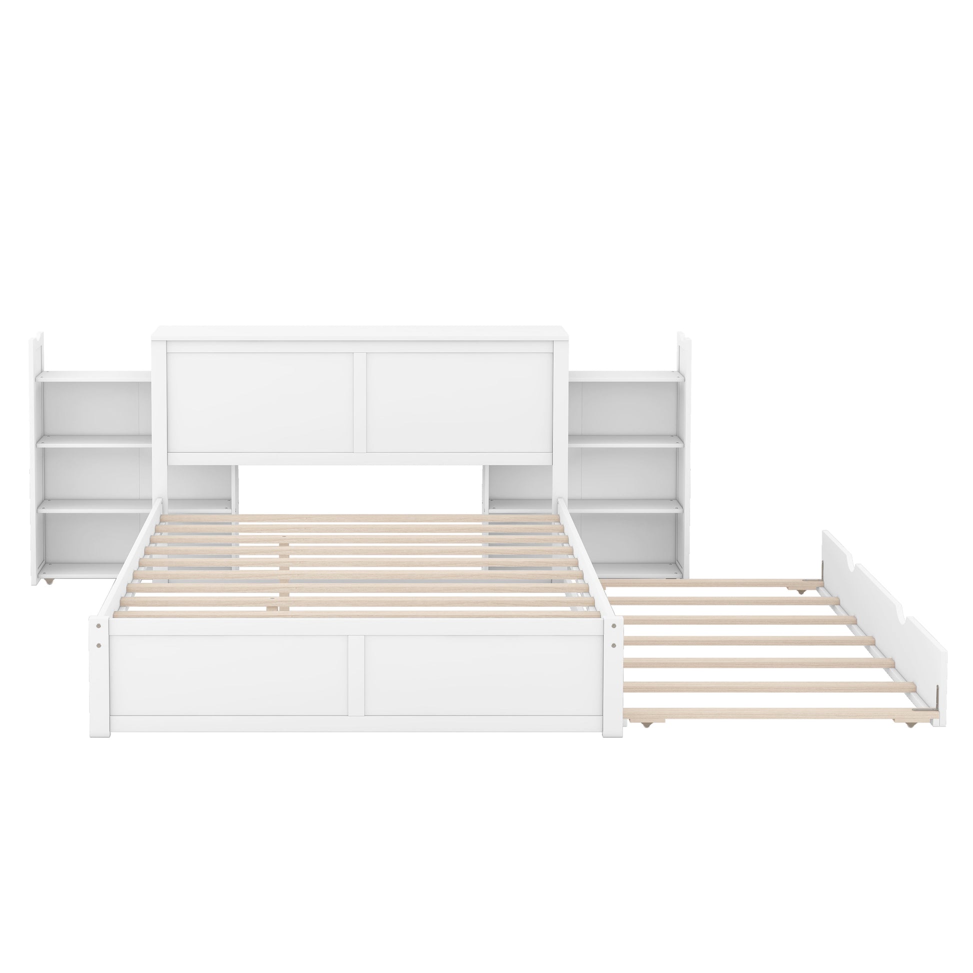 Queen Size Storage Platform Bed with Pull Out Shelves and Twin XL Size Trundle  White - Korvel