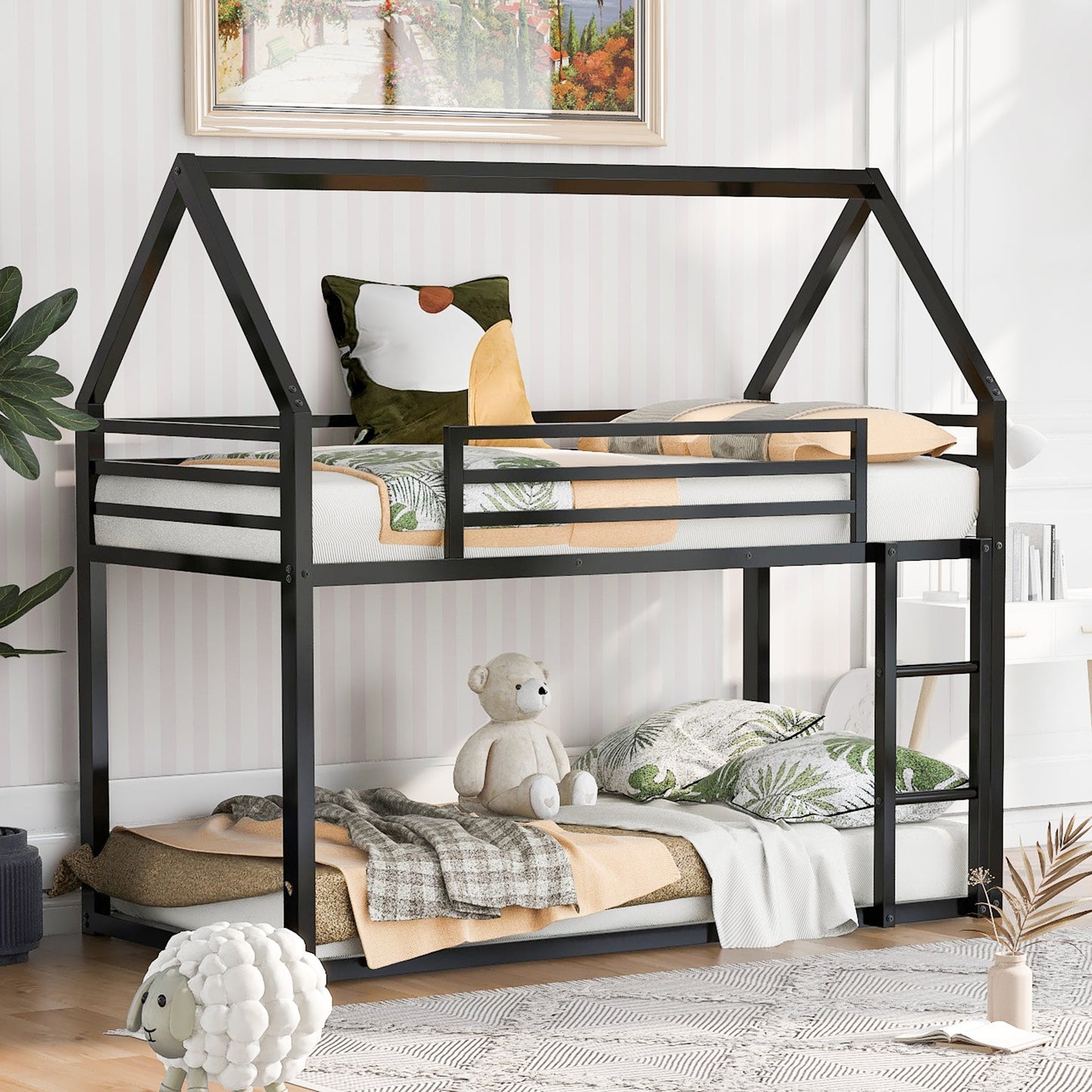 Twin over Twin House Bunk Bed with Built-in Ladder - Black