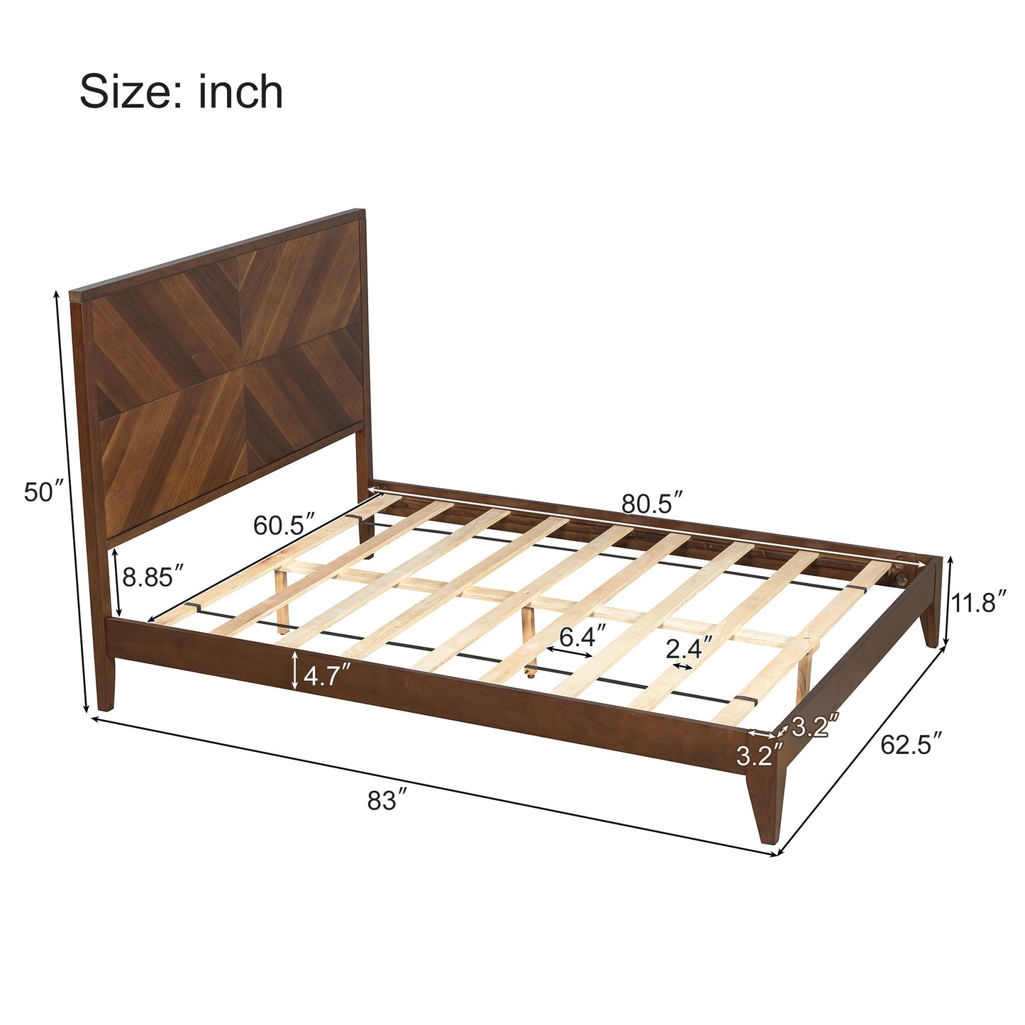 Mid-Century Modern Platform Bed Wood Slat Support with No Box Spring Needed,Queen, Walnut - Korvel