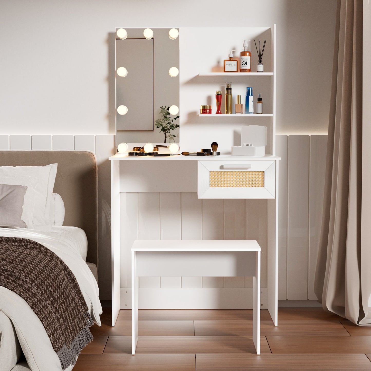 Vanity Desk Set Stool & Dressing Table with LED Lighting Mirror Drawer and Wood Cosmetic Table Chest of Drawers White Color - Korvel