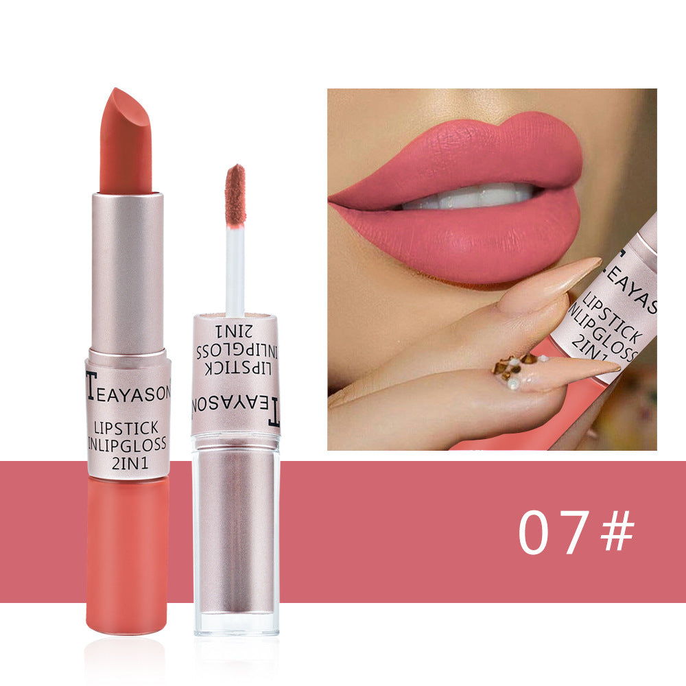 Double-Headed Non-Stick Cup Matte Matte Lip Gloss Two-In-One Matte Bean Paste Does Not Fade With Cup Lipstick Female - Korvel