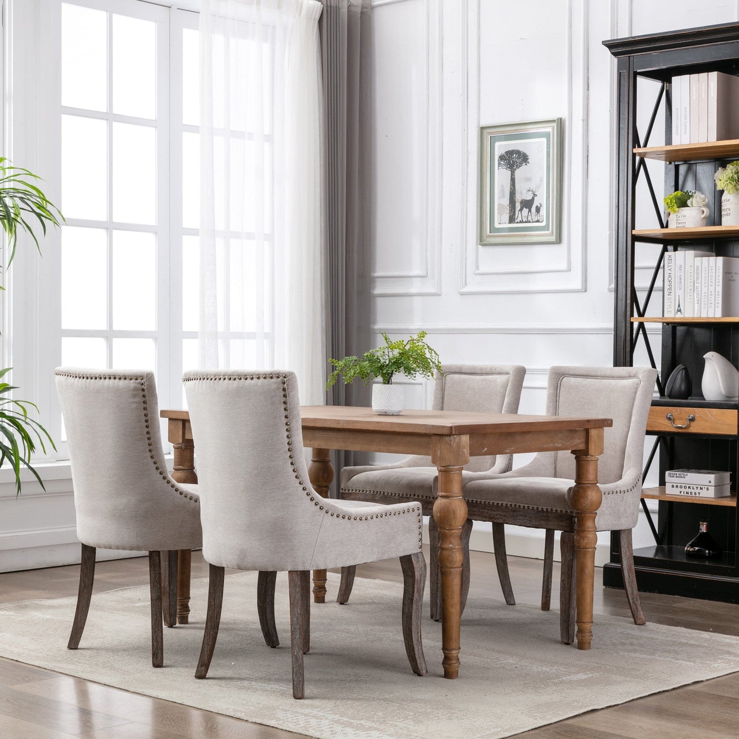 Ultra Side Dining Chair Thickened fabric chairs with neutrally toned solid wood legs  Bronze nail head Set of 2 Beige - Korvel