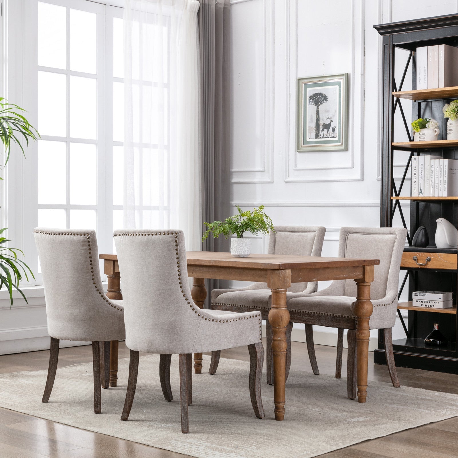 Ultra Side Dining Chair Thickened fabric chairs with neutrally toned solid wood legs  Bronze nail head Set of 2 Beige - Korvel