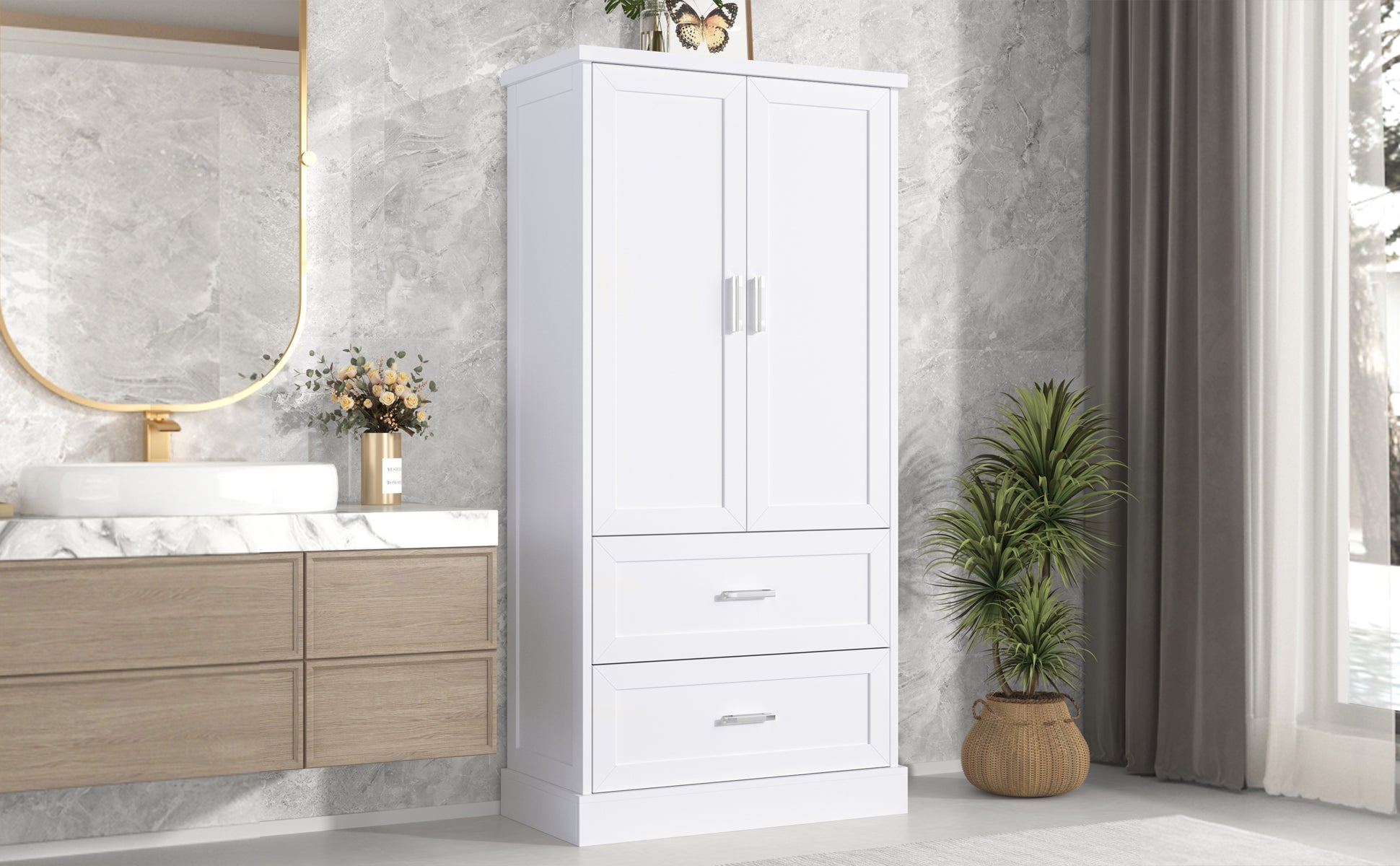 Tall Bathroom Storage Cabinet, Cabinet with Two Doors and Drawers, Adjustable Shelf, MDF Board, White - Korvel