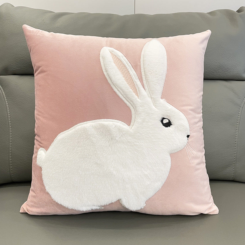 Charming Pink Bunny Velvet Pillow Cover