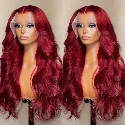 Wine Red Long Curly Wig with Front Lace Design