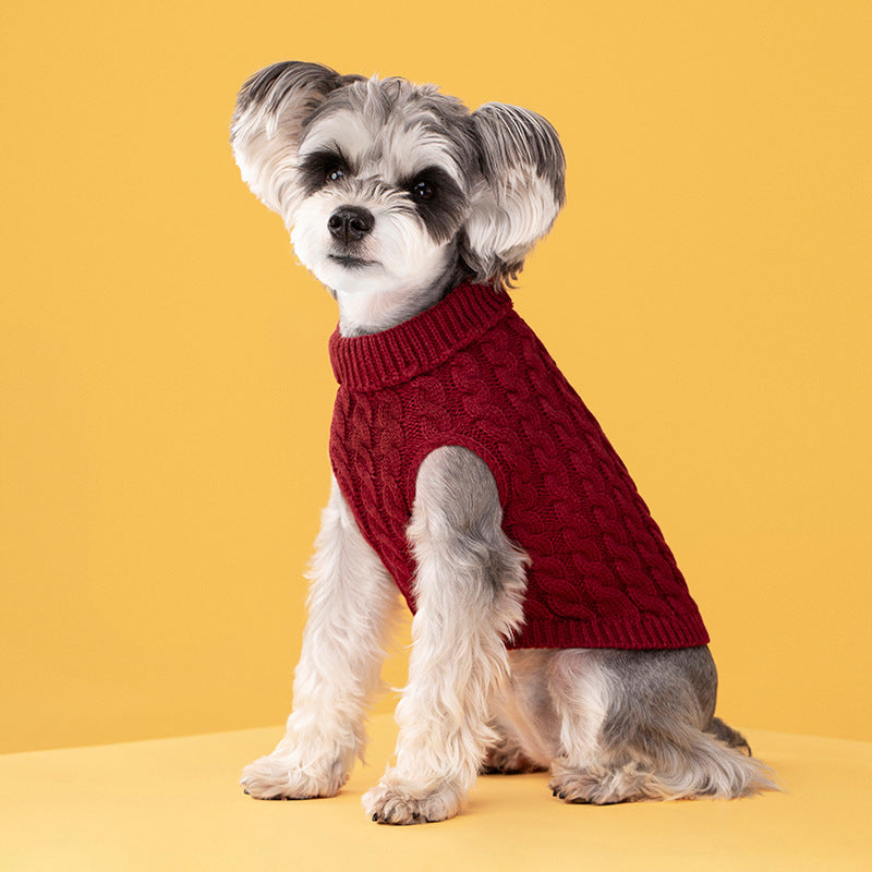 Autumn and winter pet dog cat warm solid color classic Fried Dough Twists sweater thickened turtleneck sweater - Korvel
