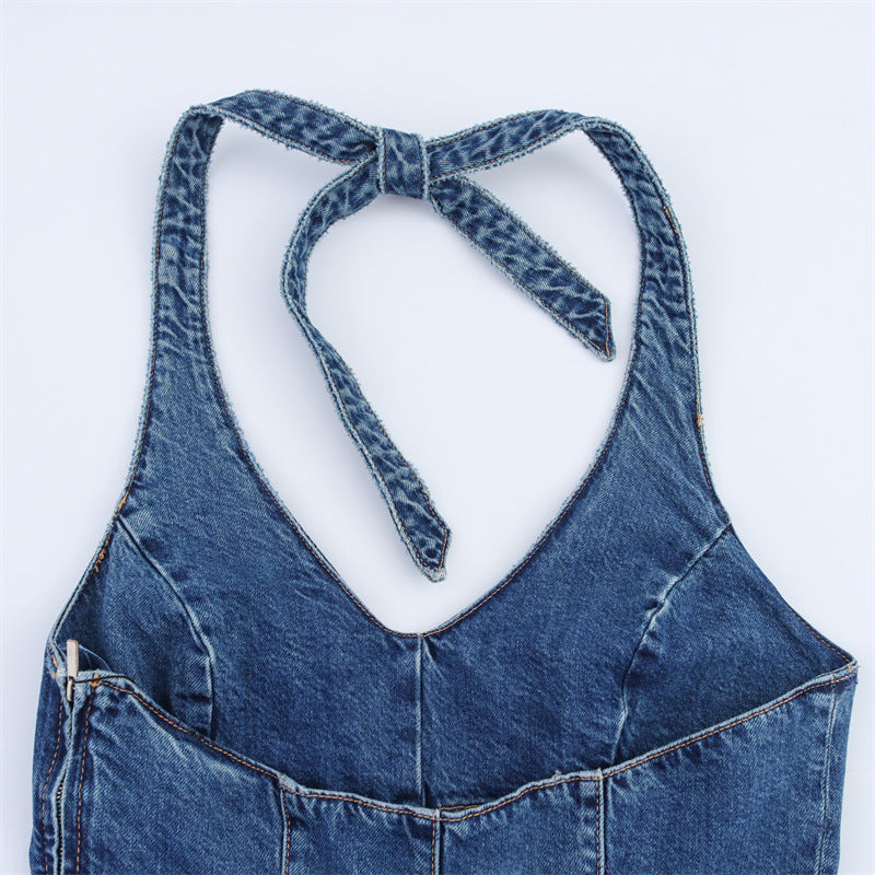 Mono de mezclilla halter chic para mujeres