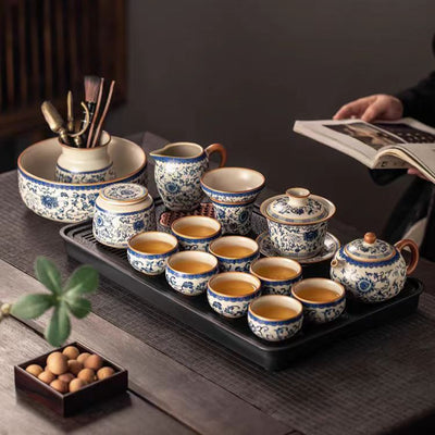 Elegant Blue and White Ru Kiln Kung Fu Tea Set