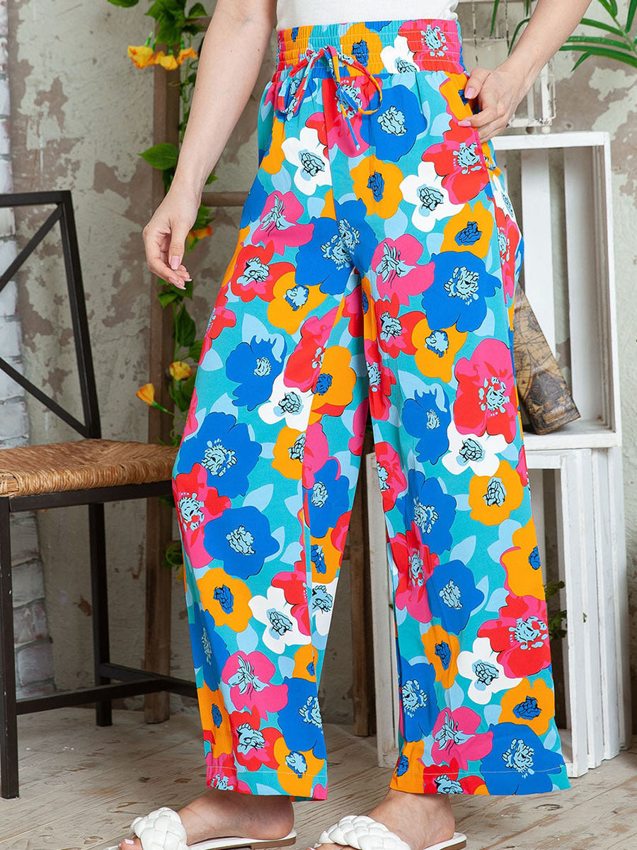 Personalized floral print high waisted straight leg pants for women - Korvel