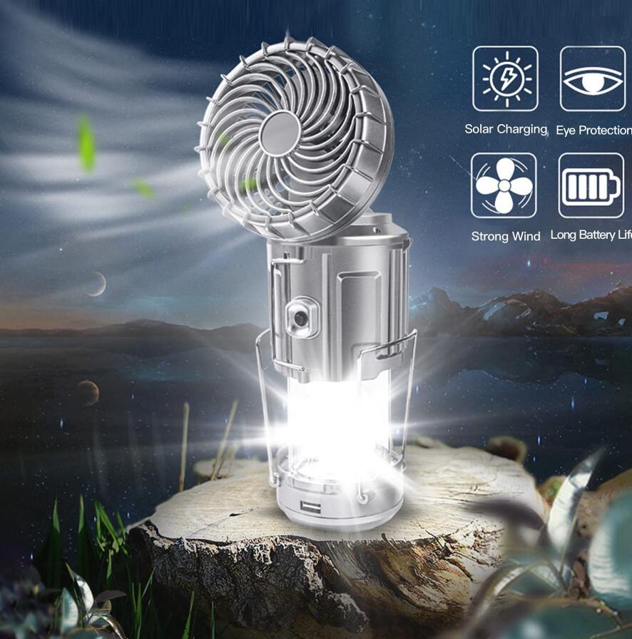 Portable Outdoor LED Camping Lantern With Fan Solar Charge Rechargeable Light Hanging Tent Lamp Fish Flashlight - Korvel