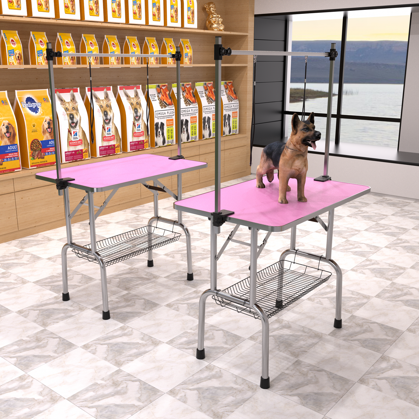 36 inch folding pet grooming table with stainless steel frame and rubber pad, equipped with adjustable armrests and clips (pink) - Korvel