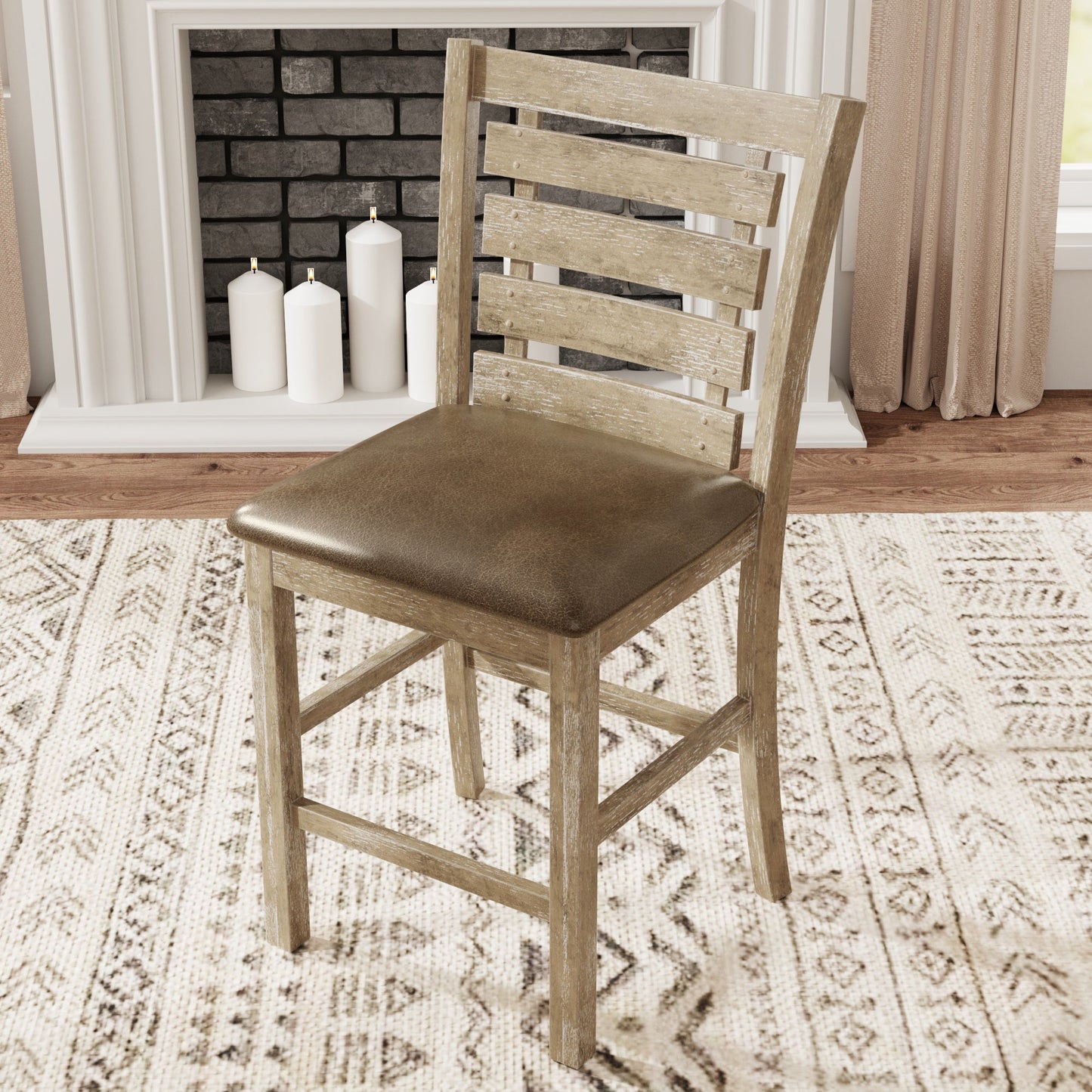 Set of 2 Dining Counter Height Chairs Modern Farmhouse Rustic Look Distressed Design Ladderback Solid Wood - Korvel