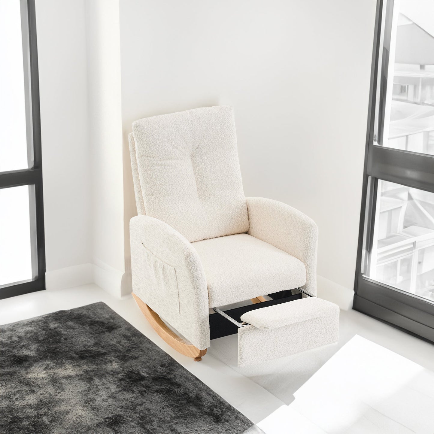 Accent Rocking  Chair with Footrest High Back Rubber Wood Rocking Legs Bedroom Living Space - Korvel