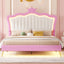 Full Size Upholstered Bed Frame with LED Lights, Modern Upholstered Princess Bed with Crown Headboard, Pink+White - Korvel