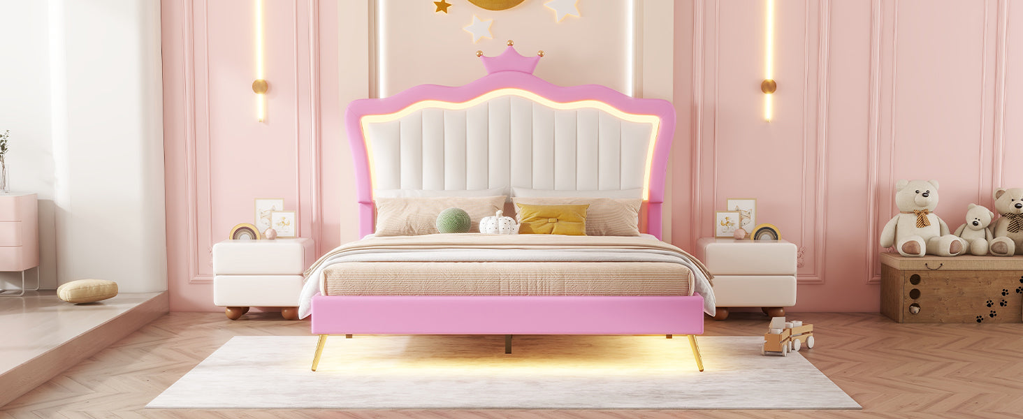Full Size Upholstered Bed Frame with LED Lights, Modern Upholstered Princess Bed with Crown Headboard, Pink+White - Korvel