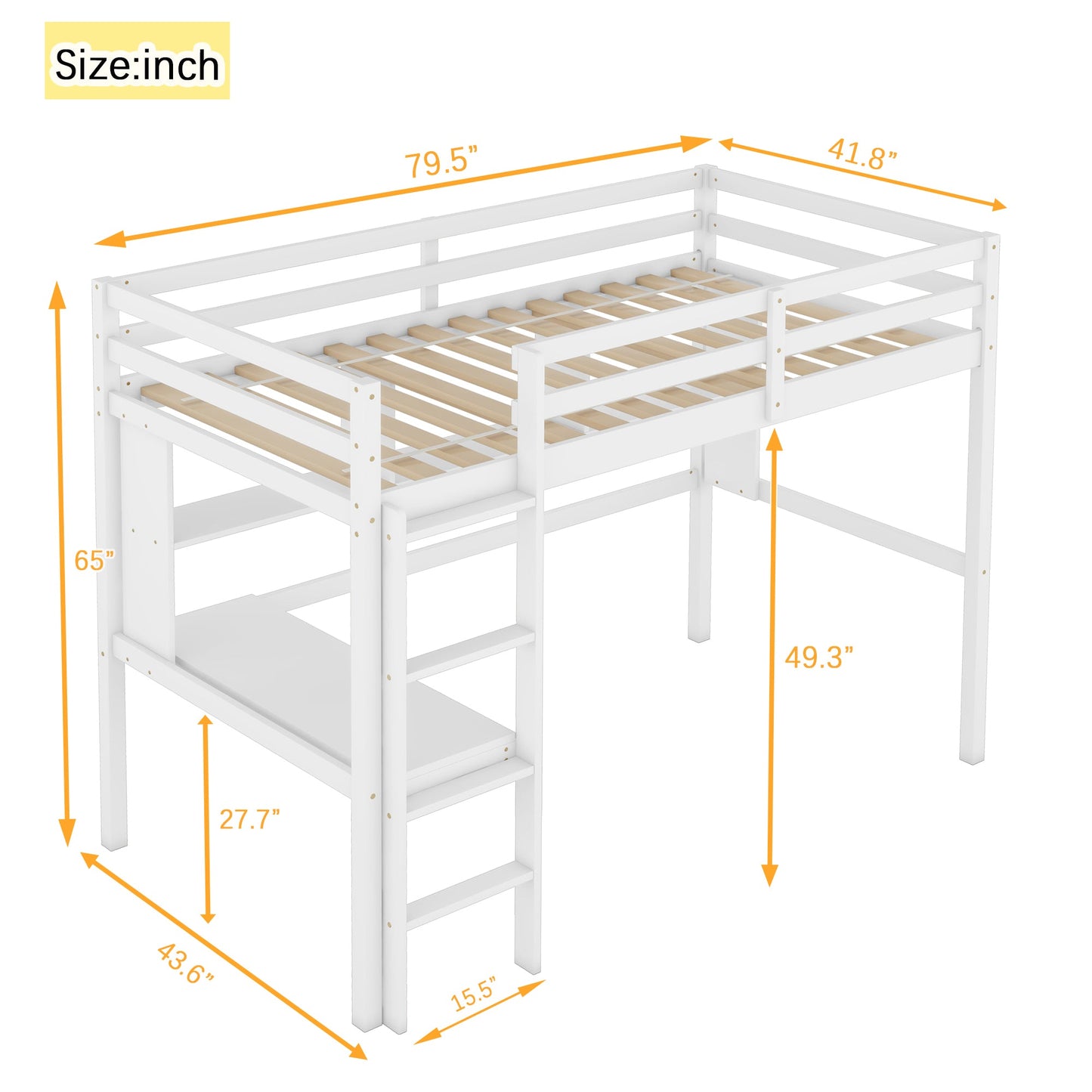 Twin Loft Bed with built-in desk and bookcase of three compartments, Guardrails and Ladder,White - Korvel