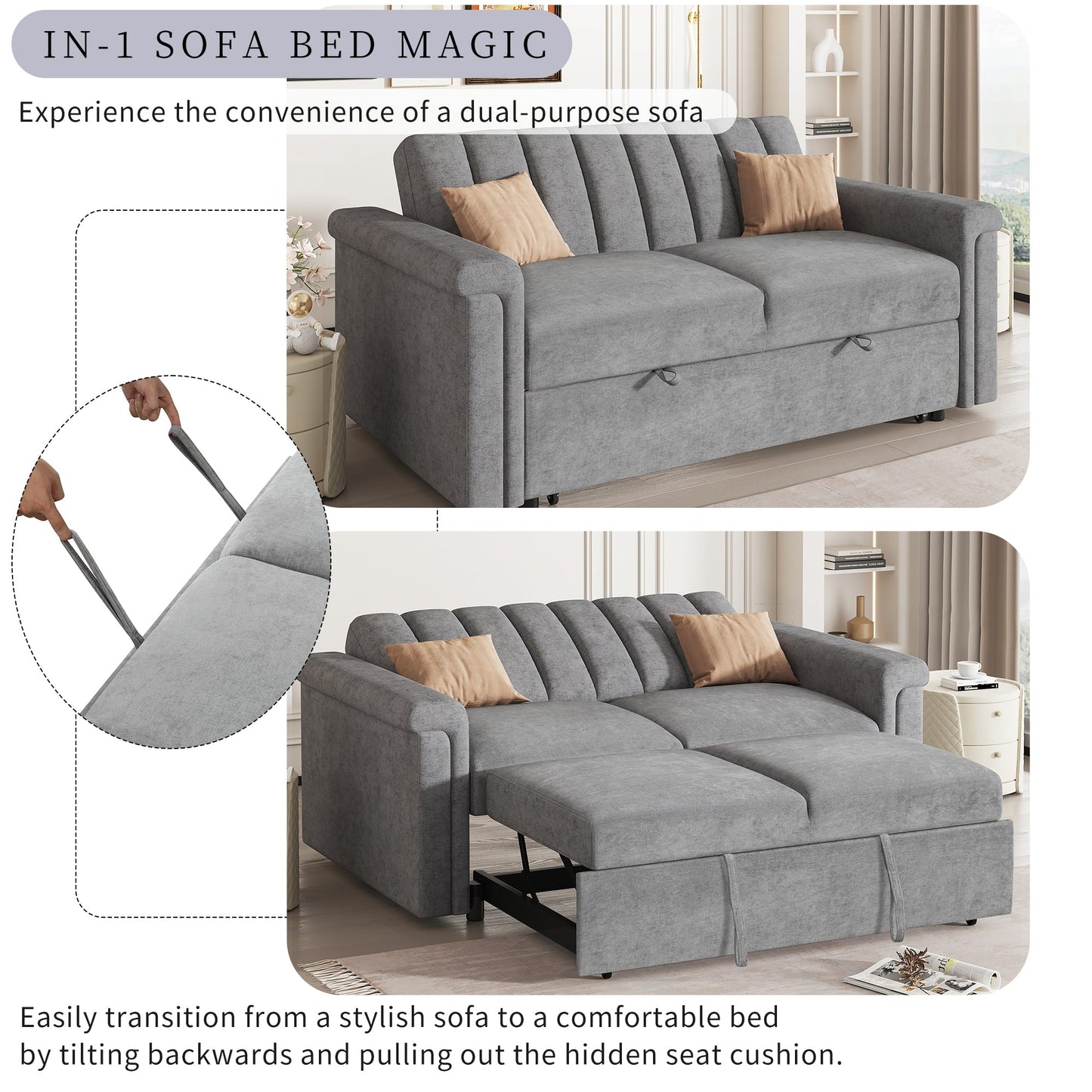 U_STYLE Convertible Soft Cushion Sofa Pull Bed ,for Two People to Sit On - Korvel