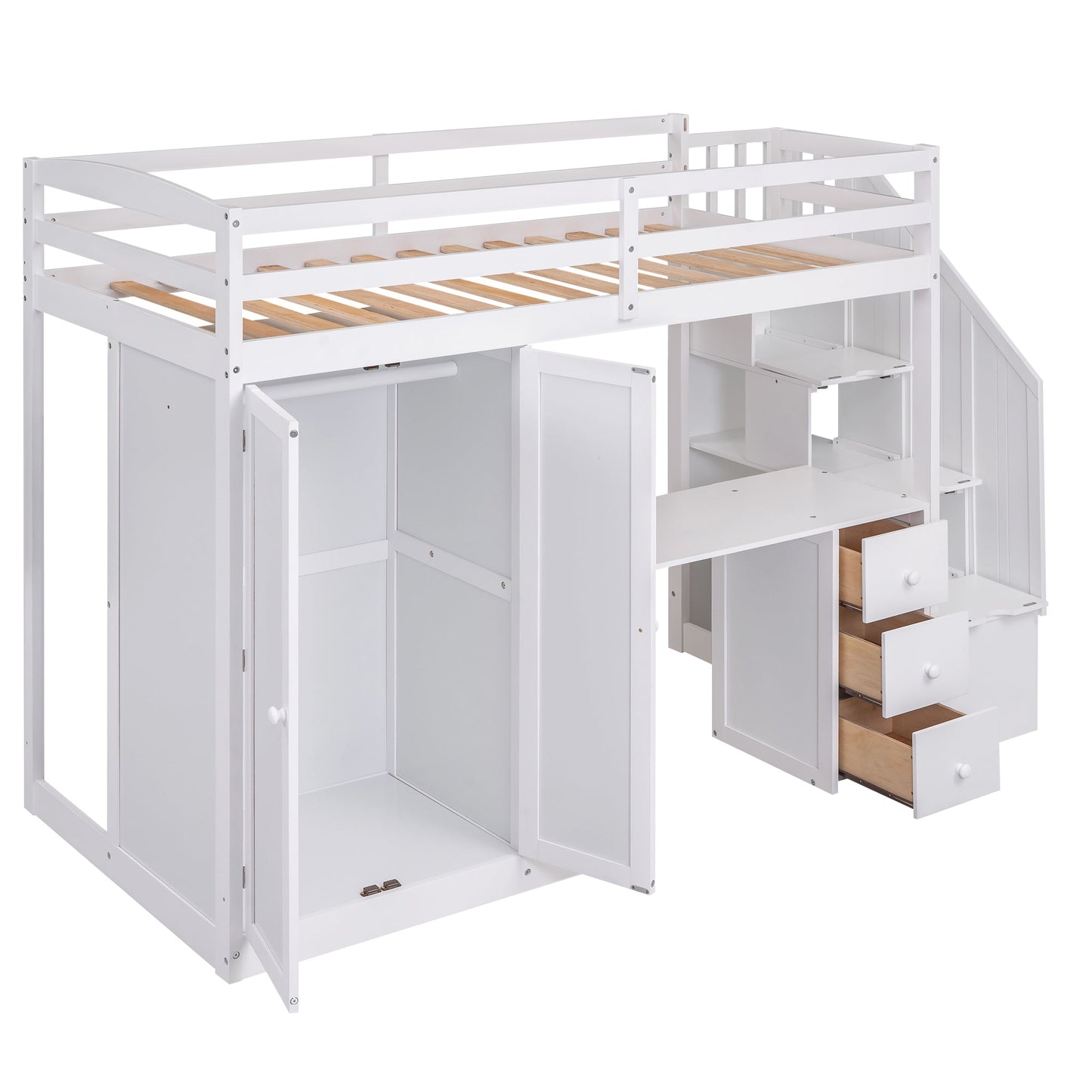 Elegant Twin Size Loft Bed with Wardrobe and Desk in White