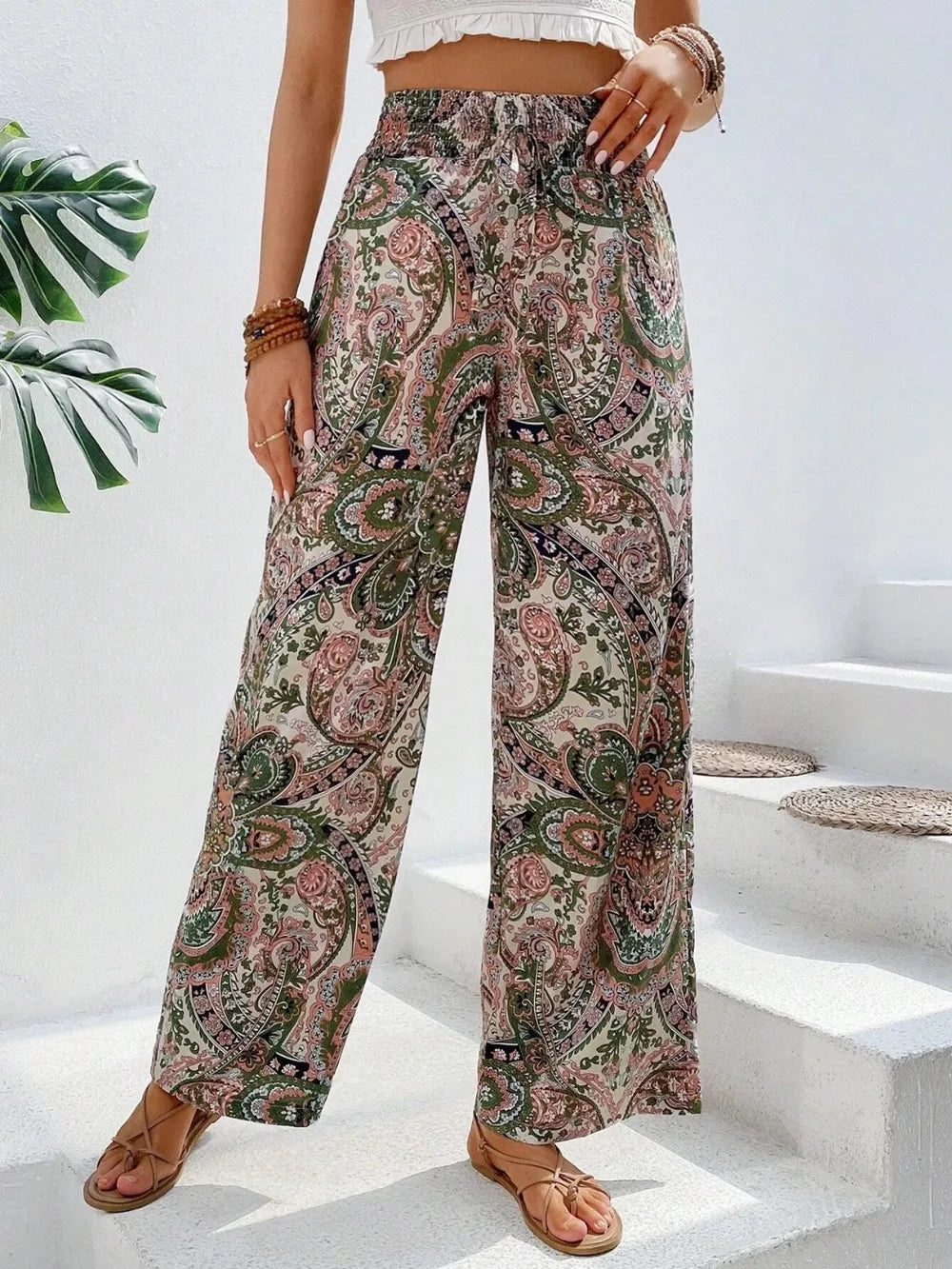 Printed Wide Leg Pants - Korvel