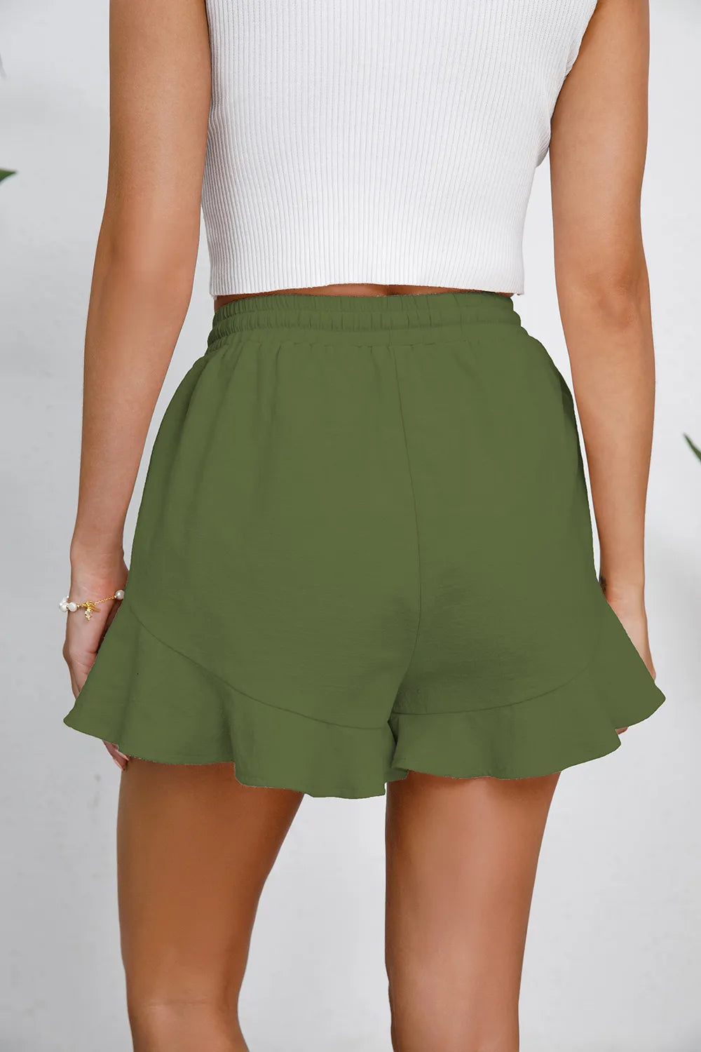 Women's cotton and linen shorts with ruffled edges and drawstring casual pants for women - Korvel