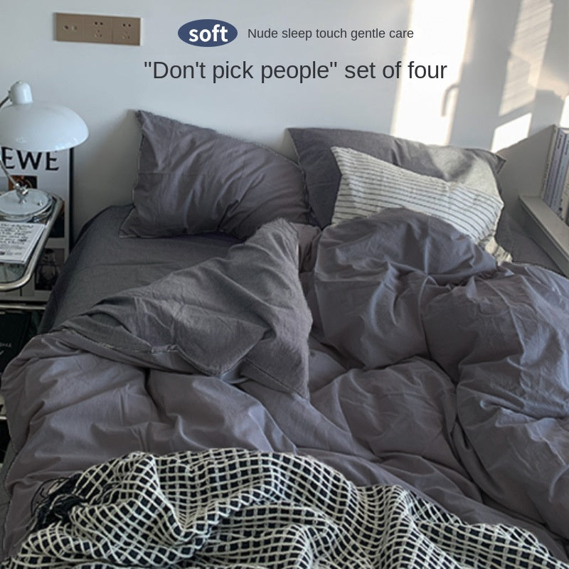 Solid Color Simple Four-Piece Set Flannel Quilt Cover INS Style Quilt Cover Dormitory Summer Washed Cotton Bedding Three-Piece Set - Korvel