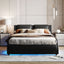 Queen Size Upholstered Faux Leather Platform Bed with LED Light Bed Frame with Slatted - Black - Korvel
