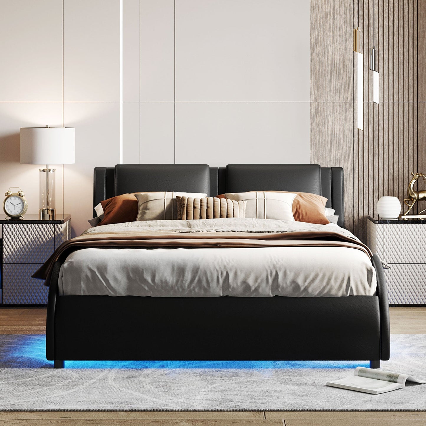 Queen Size Upholstered Faux Leather Platform Bed with LED Light Bed Frame with Slatted - Black - Korvel
