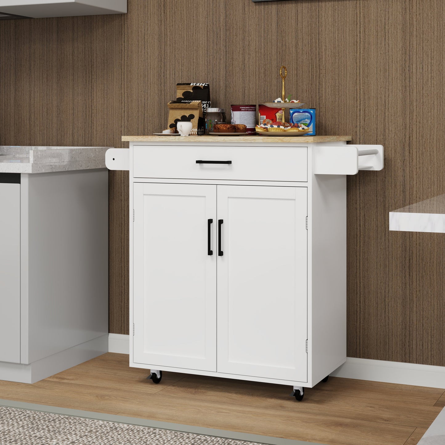 Kitchen island rolling trolley cart with 1 drawer & 2 doors with storage racks & Adjustable Shelves & towel rack - Korvel