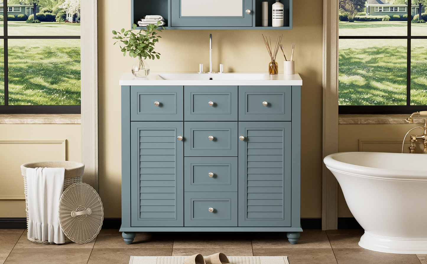 36 "bathroom makeup cabinet with resin sink combination and 2 drawers, with soft closing door, blue color - Korvel