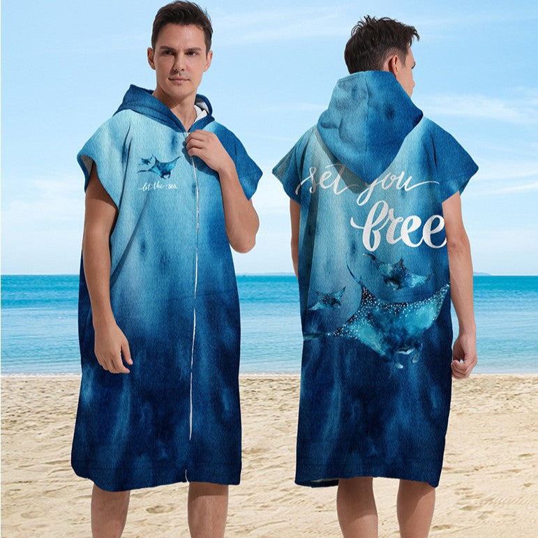 Hooded Towel Ultra-fine Fiber Zipper Wearable Bathrobe Cape Beach Towel - Korvel