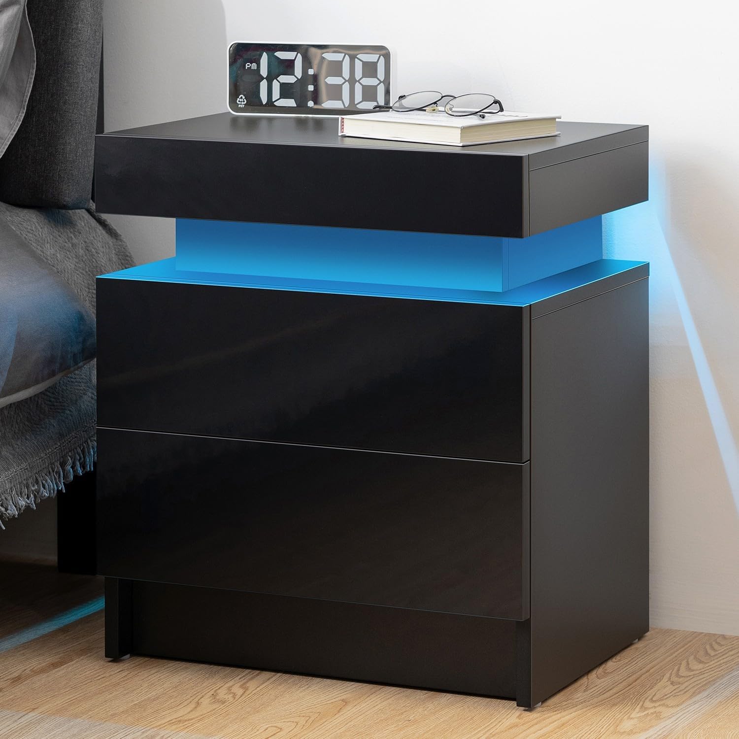 Modern Black LED Nightstand with Led Lights Bedside table with 2 High Gloss Drawers for Bedroom - Korvel