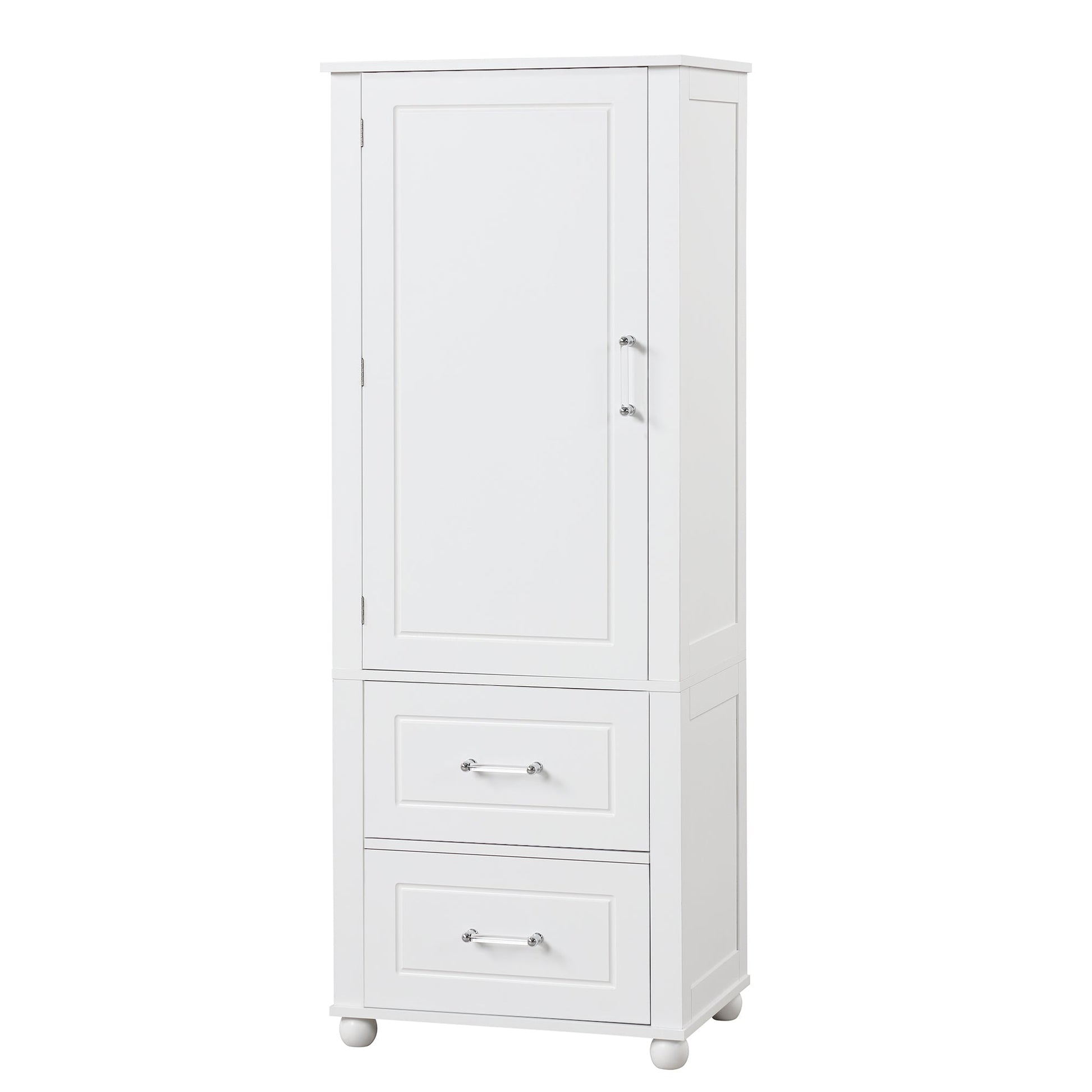 Tall bathroom storage cabinet with two drawers and adjustable shelves for independent storage - Korvel